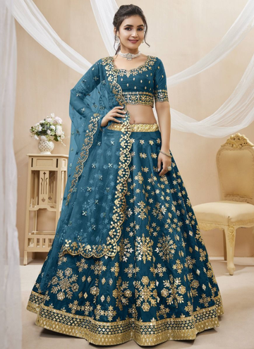 Mulberry Silk Foil Embroidered Work Teal Blue Lehenga Choli